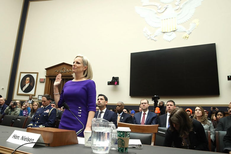 Homeland Security Secretary Kirstjen Nielsen is sworn in before testifying to the House Judiciary Committee, on Capitol Hill December 20, 2018 in Washington, D.C.